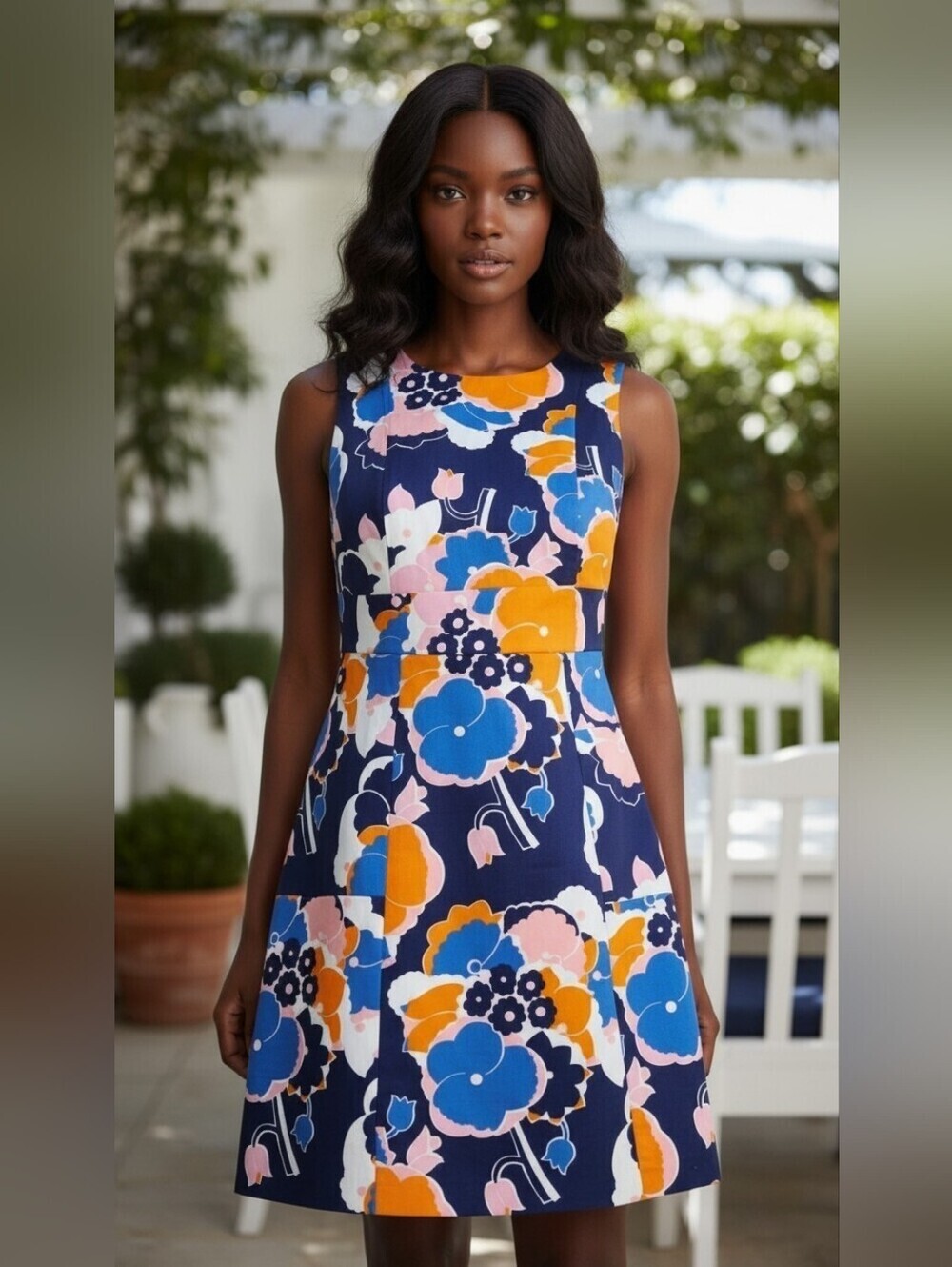Boden Sleeveless Floral Shift Dress Navy Blue Orange Pink Cotton Lined US 4